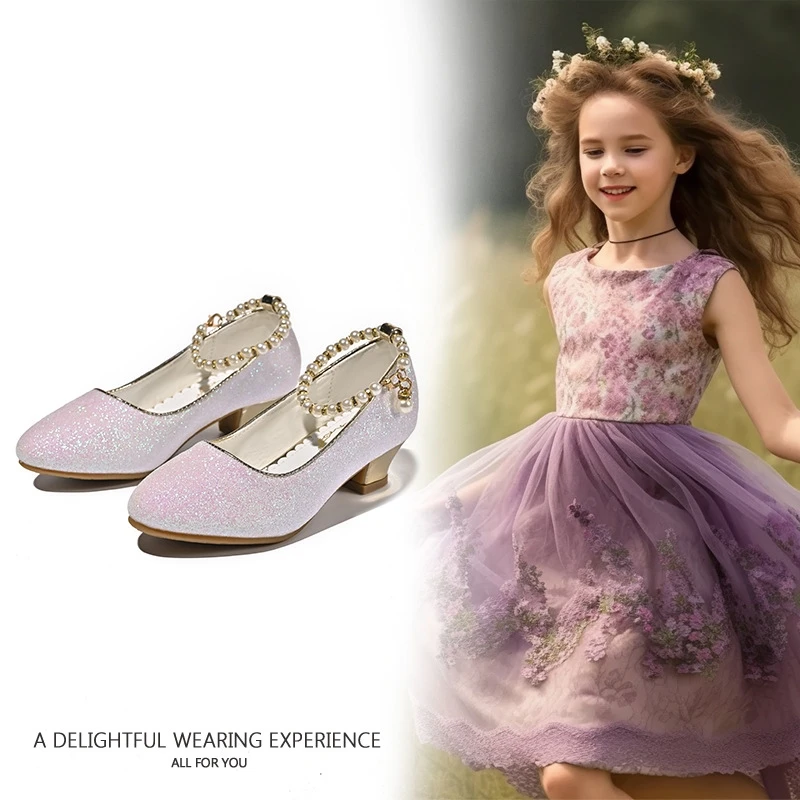 

Little girls Sequined Princess high Heels Student Pearl Chain show shoes Girls white fashion heightening shoes