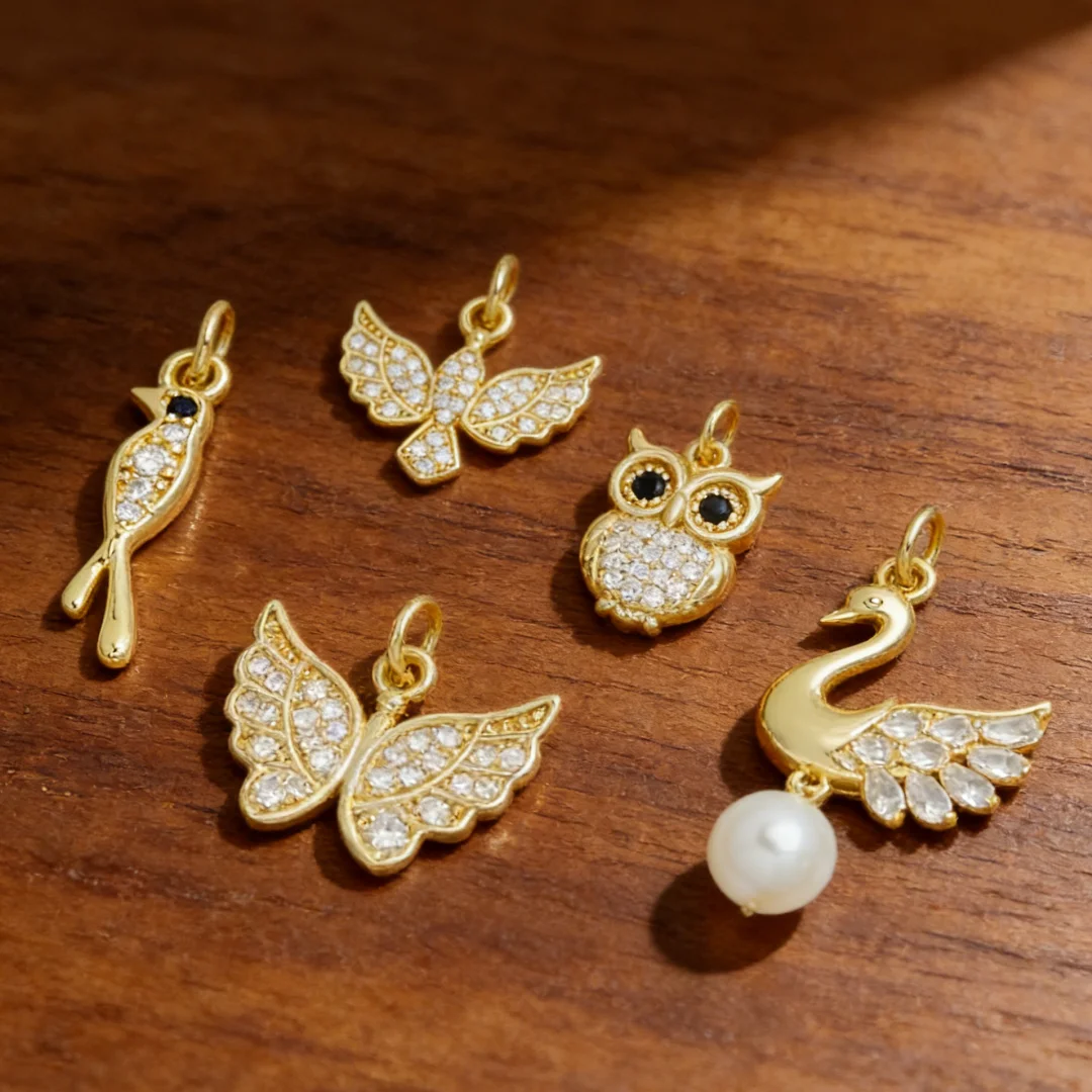 4Pcs Pendants Bird Owl Swan Wing Brass Inlay Zircon Diy Jewelry Charm Necklace Bracelet Women Men Jewelry Making Craft Accessory