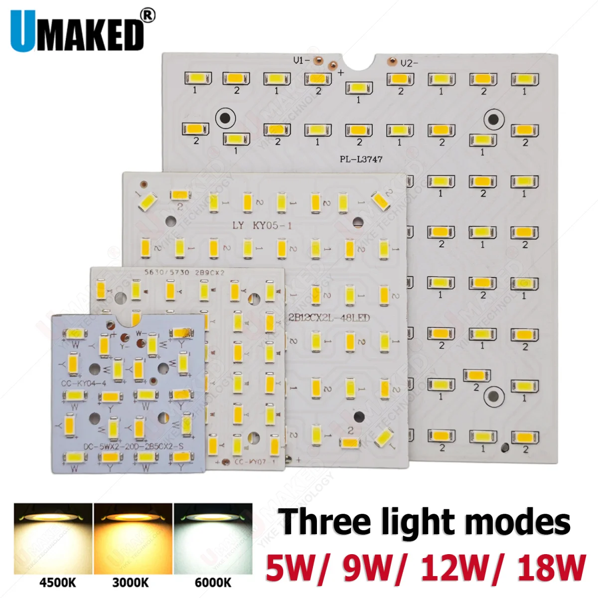 5pcs Three Light Modes,LED PCB with 5730 for Downlight,5W 9W 12W 18W LED Ceiling Light,Aluminum PCB Plate,Mix Color Indoor Lamp