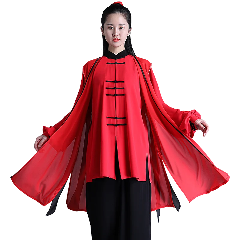 Custom Red Tai Chi Suit for Women – Flowy Pearl Cotton &Sheer Scarf Set, Frog Button Performance Uniform, 2-Piece & 3-Piece Opt