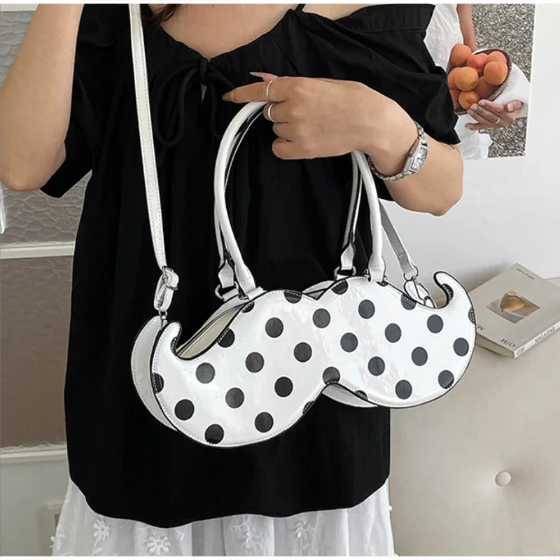 Mustache Shape Polka Dot Hobo Schultertasche, süße, niedliche, ausgefallene, kreative Handtasche für Damen, leichte Alltagstasche im Nischendesign – Detail 15