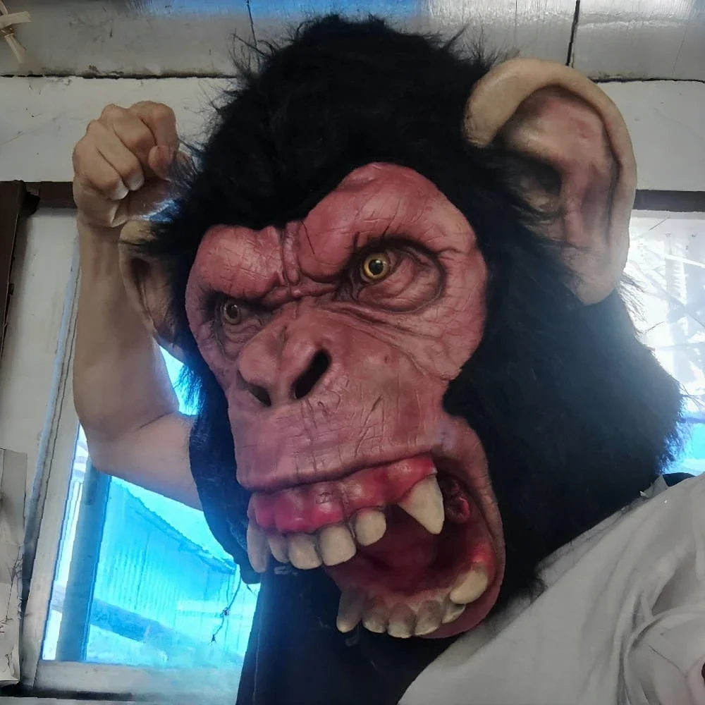 Realistic Chimpanzee Mask Horror Gorilla Head Cover Halloween Cosplay Party Animal Costume Props Prank Angry Monkey Latex Mask