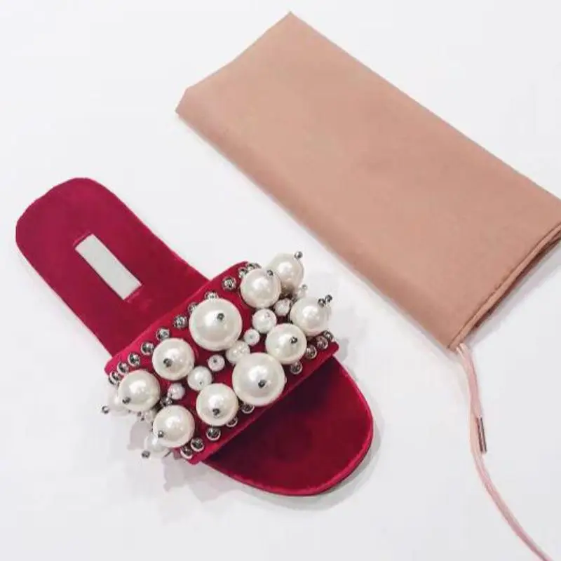 New Arrival Velvet Flat Slippers Women Open Toe Big White Pearl Bead Sexy Shoes Female Flat Casual Slides Vintage Style