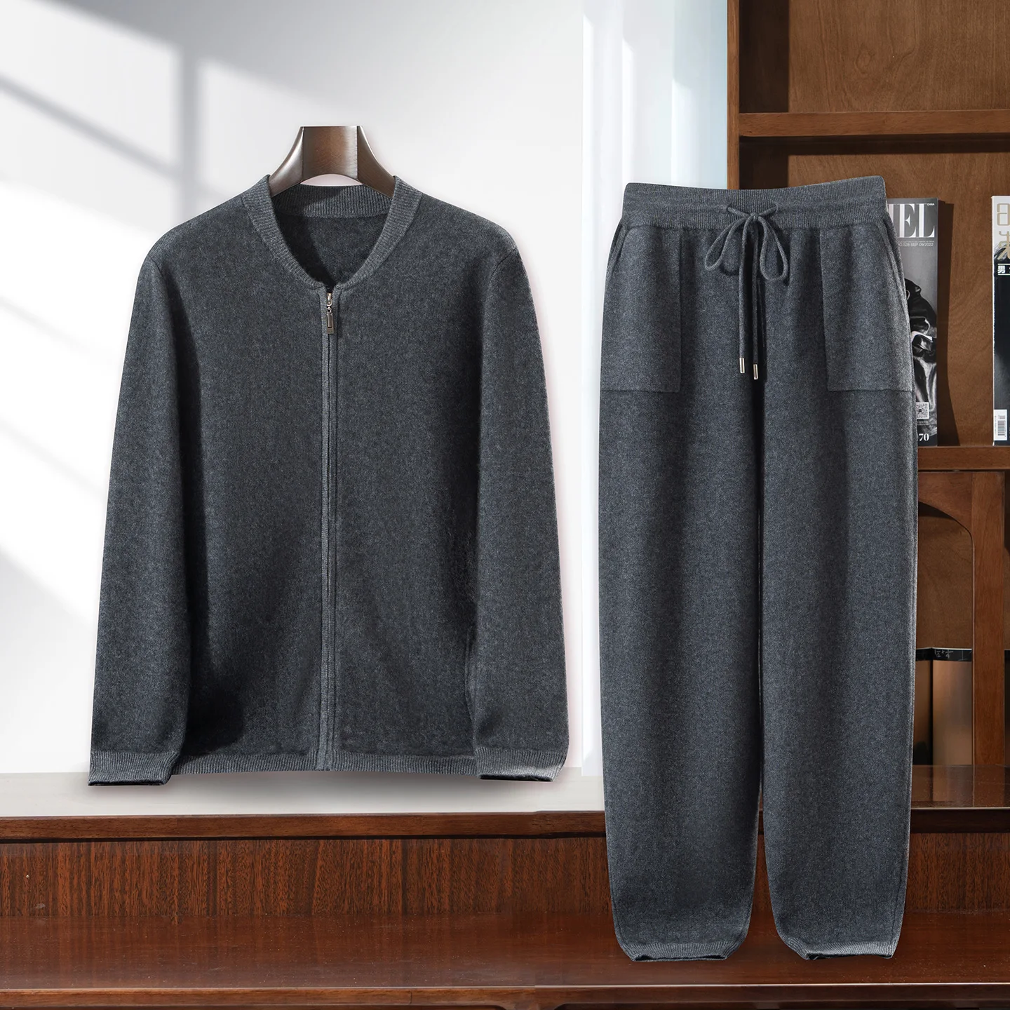 100% Cashmere Cardigan Set Men's Autumn Winter O-neck Zipper Thick Jacket Wide Leg Pants Loose Knitted Two-piece Suit High-end