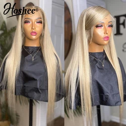 Peluca Frontal de encaje HD 13x4 para mujer, cabello humano liso, color rubio miel, platino, Remy, predesplumada
