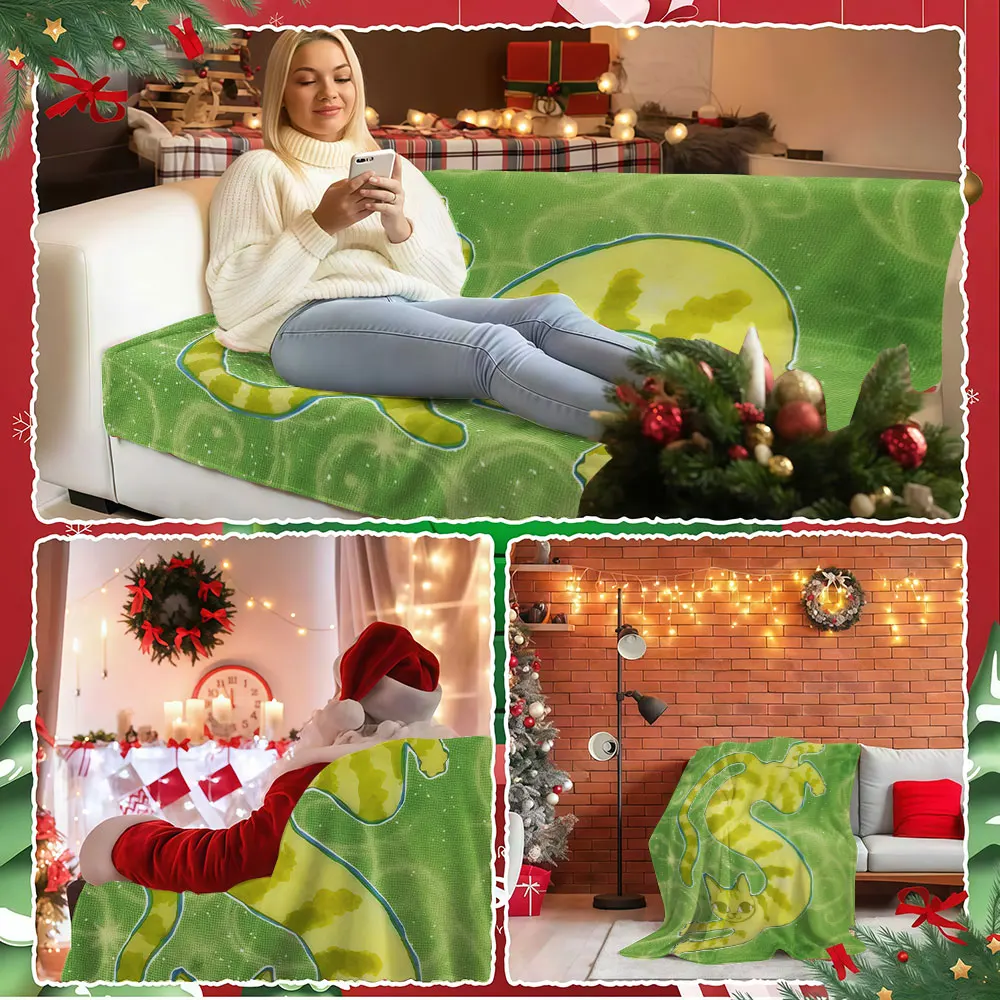 Green Letter Shaped Cat Winter Summer Flannel Blanket Throw Fleece Soft Fuzzy Plush Cozy Fleece Blankets for Sofa Ideal Gifts