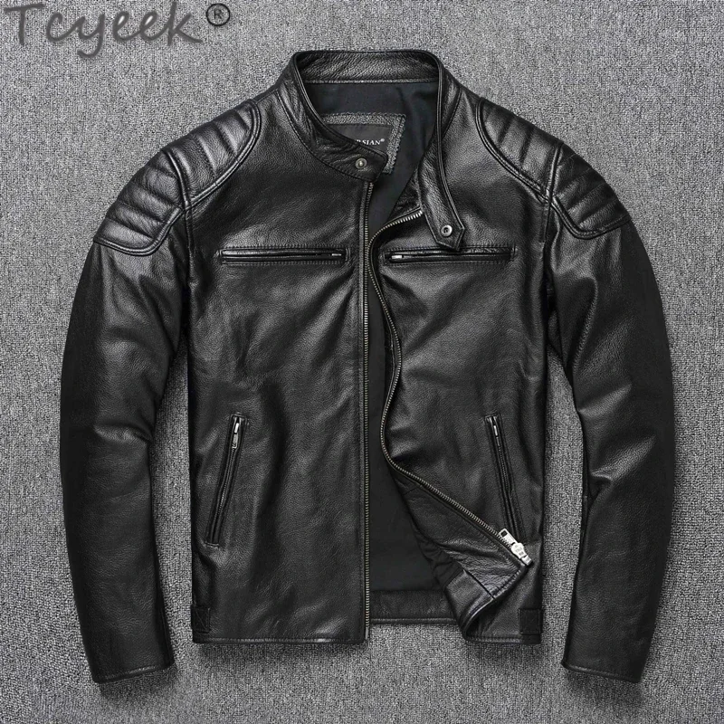 

Tcyeek Genuine Leather Jacket Men Cowhide Leather Jacket Male Casual Slim Motorcycle Stand Collar Chaquetas Hombre Large Size