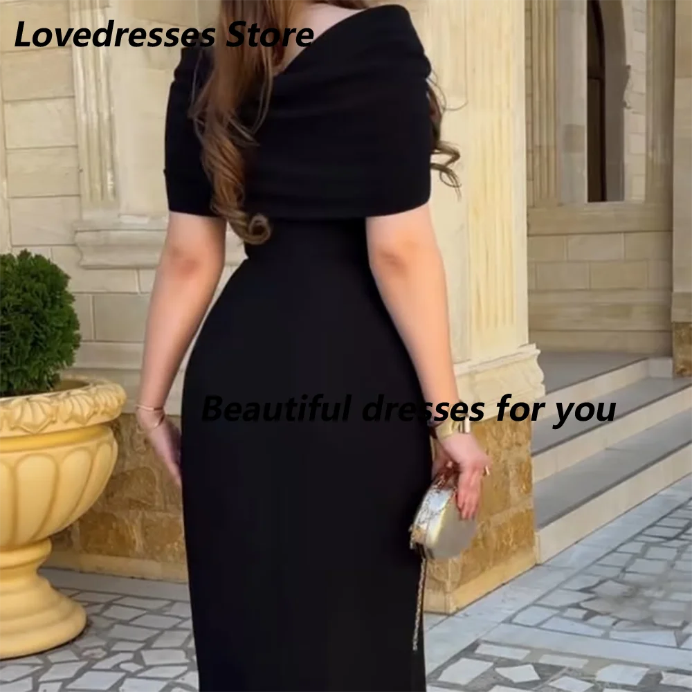 Customized Black Jersey Mother Of The Bride Gown Off The Shoulder Short Sleeve Rhinestone Ruched High Slit Wedding Evening Dress