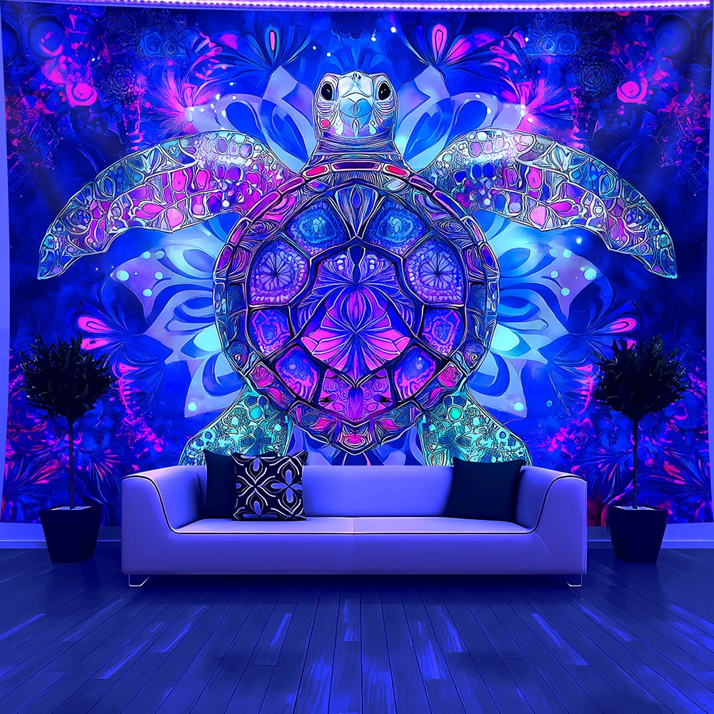 1pc  Glowing Psychedelic Sea Turtle Blacklight Tapestry, UV Reactive Neon Mandala Wall Hanging for Bedroom Living Room Party