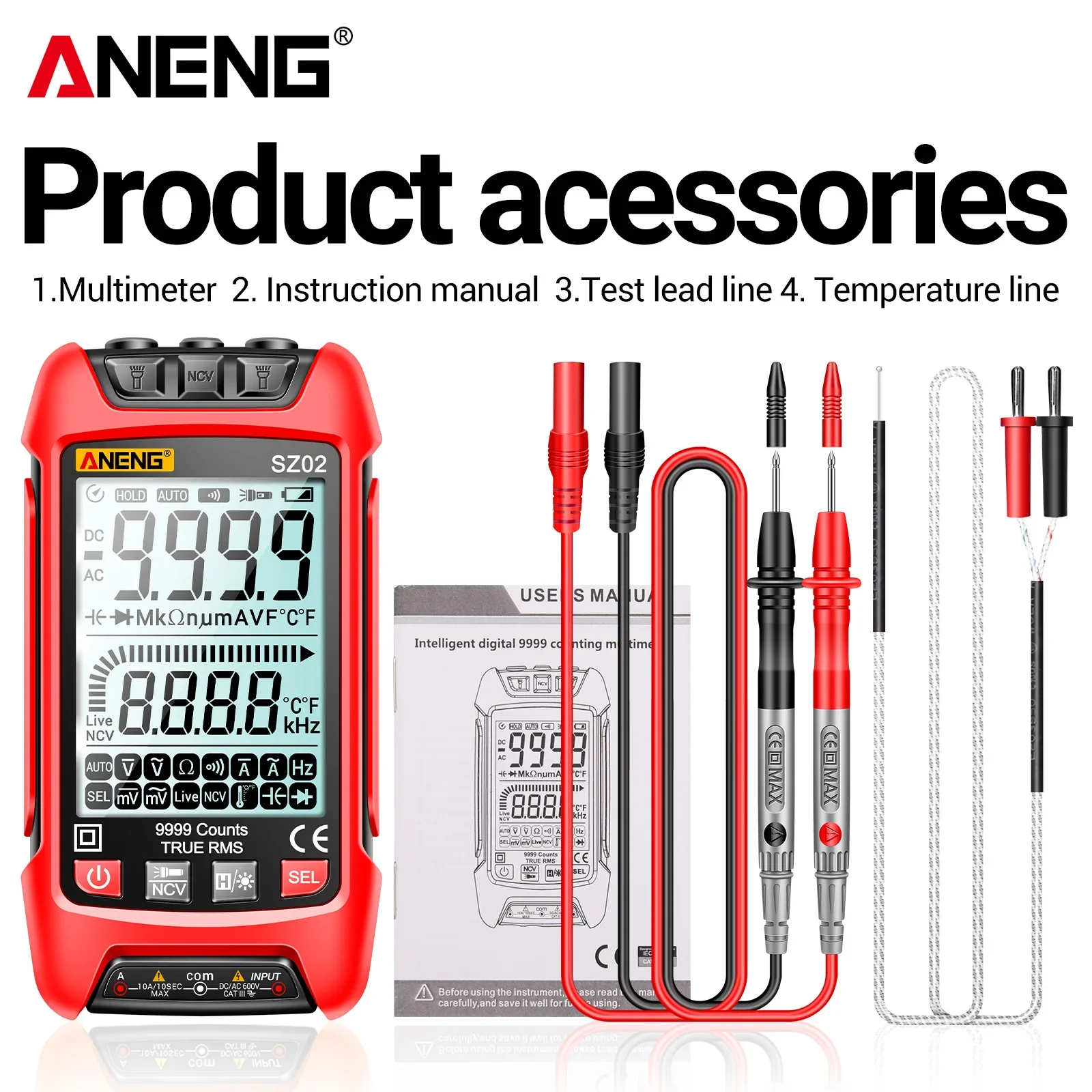 ANENG SZ02 Smart Digital Multimeter Auto Range 9999 Counts NCV Universal Meter Handheld Multifunctional Tester Voltmeter Ammeter