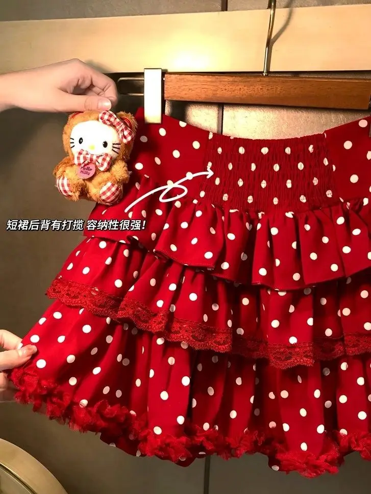 

Girls' High Waist Polka Dots Slim Mini Skirt Female Spring Lace Bow Strap Cake Sweet Skirt Autumn and Winter Short Skirt New