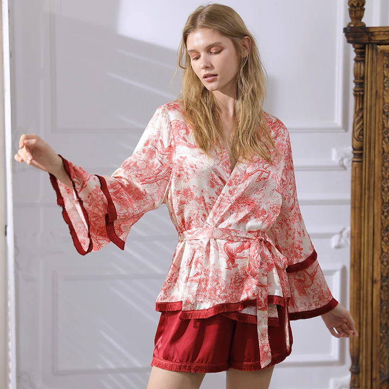 100% Mulberry Silk Pajamas Set Women's Summer Japanese Style Loose Long Sleeve Kimono Top and Shorts Two Piece Loungewear Pajama