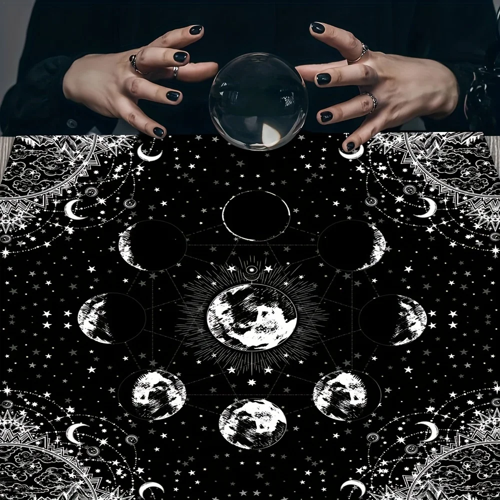 1pc Black Moon‑Phase Tarot Tablecloth, Moon‑Star Altar Cloth, Card Spread Mat, Witchcraft & Party Supplies,Card Game Board Decor