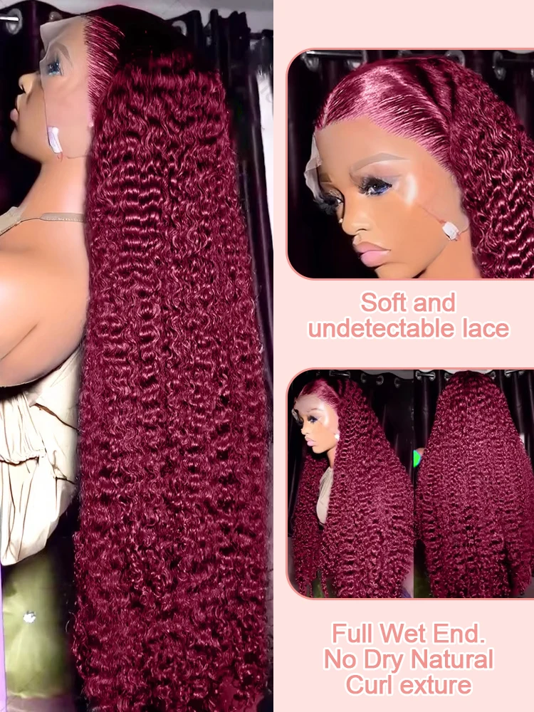 99J Burgundy Curly Wigs 13x6 HD Lace Front Human Hair Wig Pre Plucked 250% Brazilian Transparent Deep Wave Frontal Wig 30 38 Inch Red Wine Colored Water Wave Human Hair Wigs For Women image 4