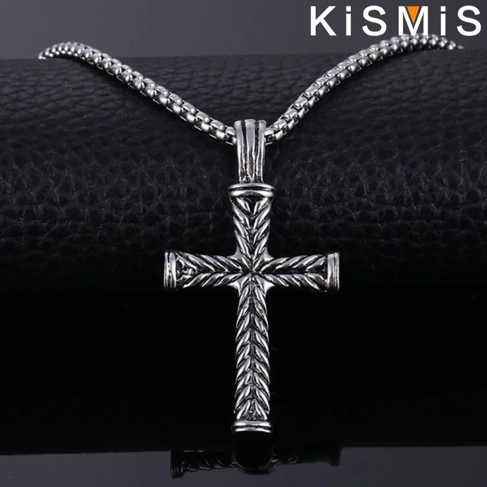 KISMIS 1PC Cross Pendant Necklace Boys Mens Stainless Steel Vintage Cross Pendant Necklace Men Women Silver