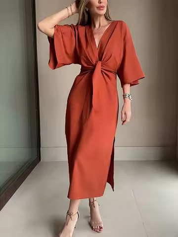 Temperament High Waist Pleated Evening Dress Elegant Solid Color Commute Maxi Dress Lady Fashion V-neck Twist Half Sleeve Dress