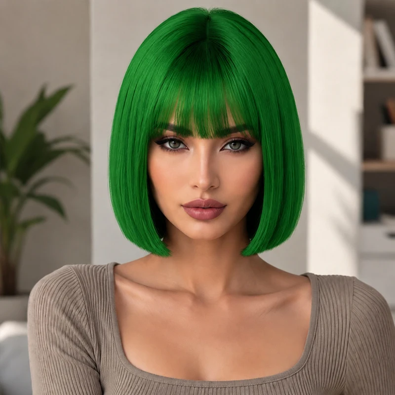 12-inch green straight women's wig, smooth and easy to style, perfect for Halloween, Christmas parties, and dances.
