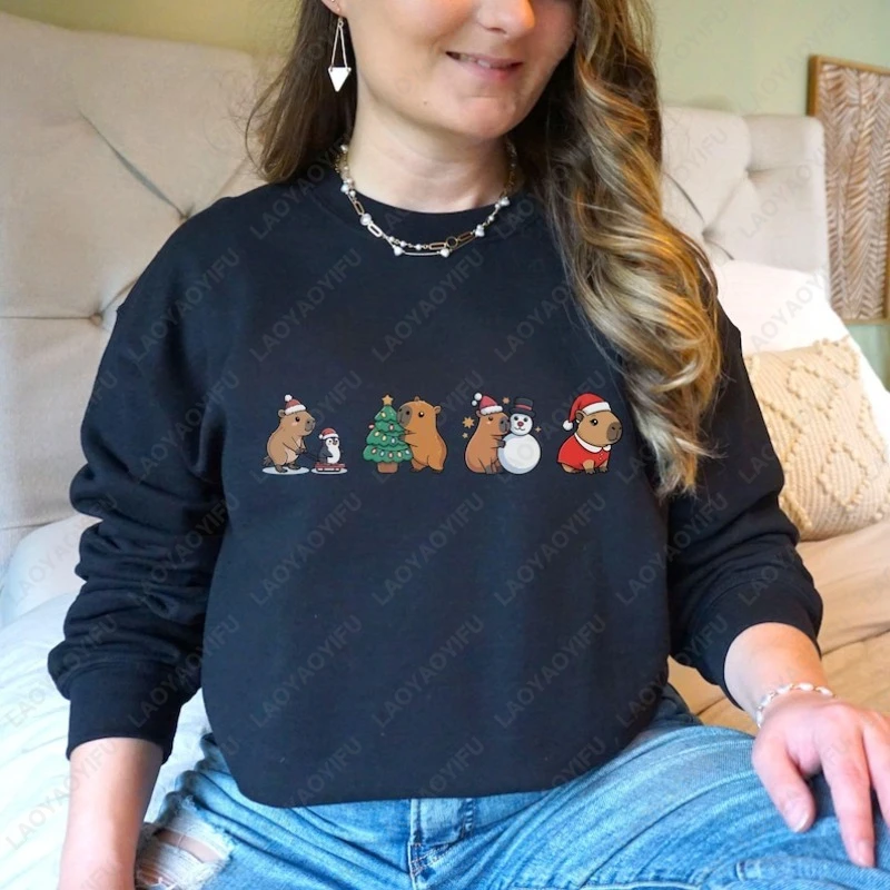 

Christmas Capybara Xmas Hat Cartoon Cute Casual Popular Sweatshirt Festival All-match Simple Graphic Unisex Long Sleeve Hoodie