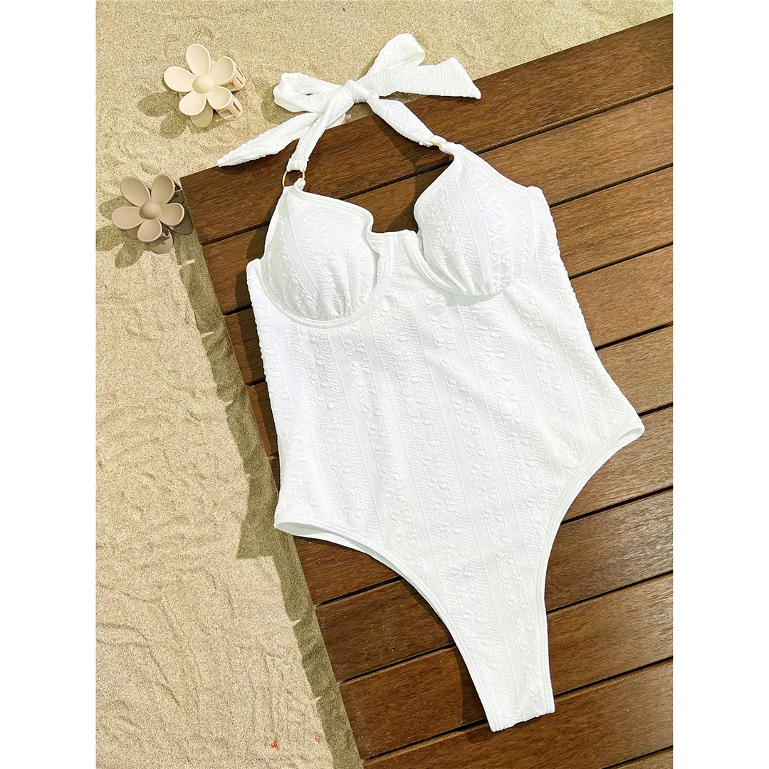 Gefalteter Neckholder-Badeanzug mit Bügel und Knoten, einteiliger Badeanzug für Damen, Monokini mit hohem Beinausschnitt, Badebekleidung, Badeanzug, Schwimmanzug V6271 – Detail 8