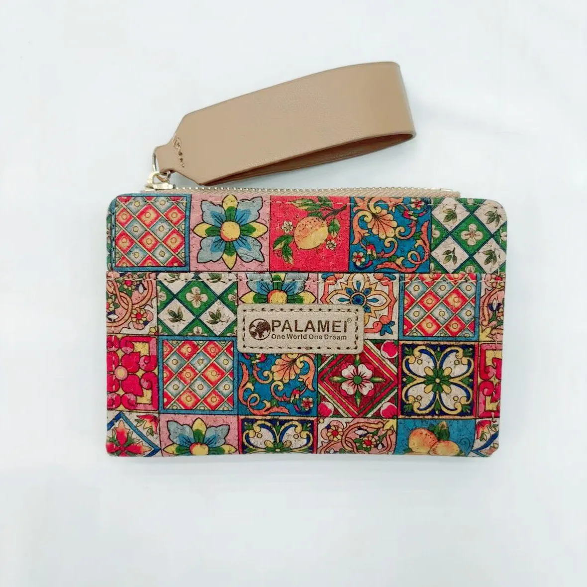 8pcs Card Holder Cork Leather Colorful Grid Floral Printing Thin Zipper Short Wallet With Wrist