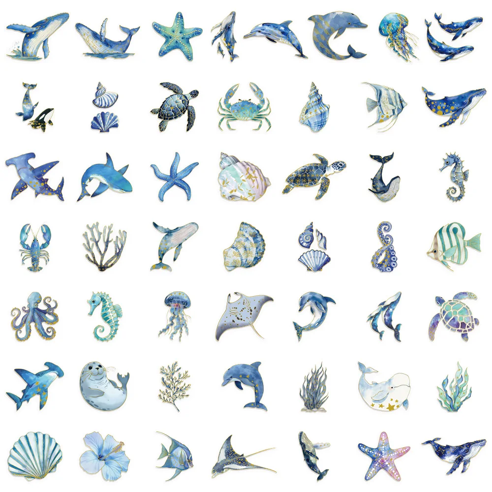 50 STKS Marine Life Gouden Decoratieve Stickers, Geschikt voor Computer Plakboeken, Koelkasten, Telefoonhoesjes, Speelgoed Decoratieve Sticker