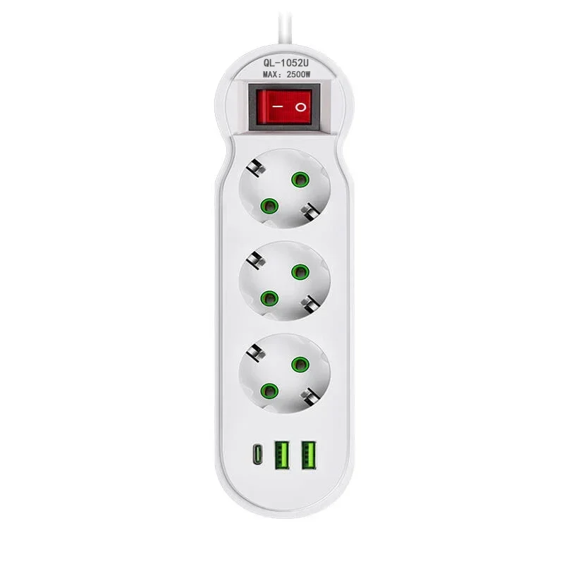 EU-stekker stekkerdoos 2/3/4/5 stopcontact Multitap-verlenging 10A met 2 USB 1 Type-C-poorten 2 m snoer stopcontact 2500 W