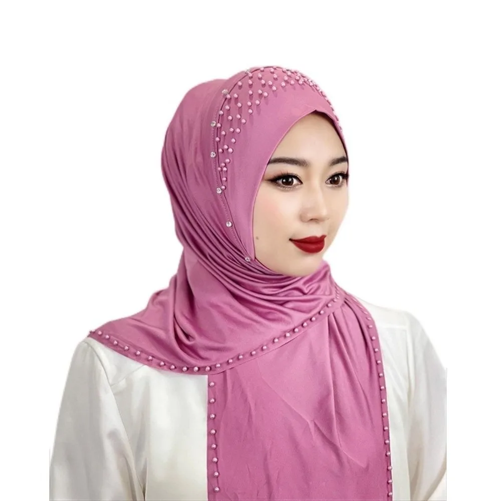Convenient Soft Beaded Instant Hijab Stretch Easy Wrap Pull-On Turban Solid Color Breathable Malay Headscarf Women