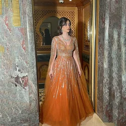 Saudi Arabia Evening Dress Orange Long Prom Dresses Major Beading Party Dress Sweep Train Custom Made