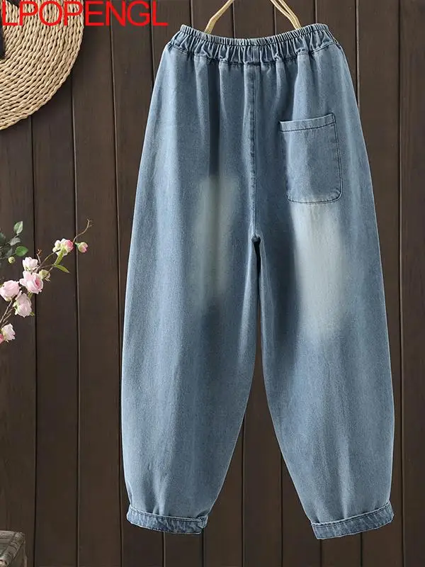 ปักกางเกงยีนส์ผู้หญิง 2025 ฤดูใบไม้ผลิ/ฤดูร้อนใหม่หลวมกางเกงขาตรงRetroวรรณกรรมเอวสูงStreetwear Haremกางเกงยีนส์