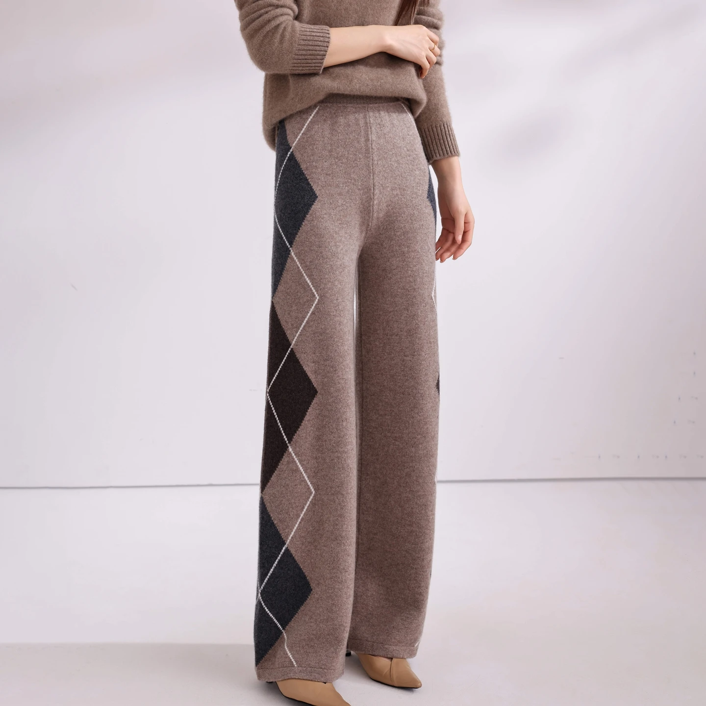 Autumn/Winter 100% Merino Wool Pants Women's Fashion Color blocked Diamond Block Knitted Pants Fashion Cashmere Wide Leg Pants.