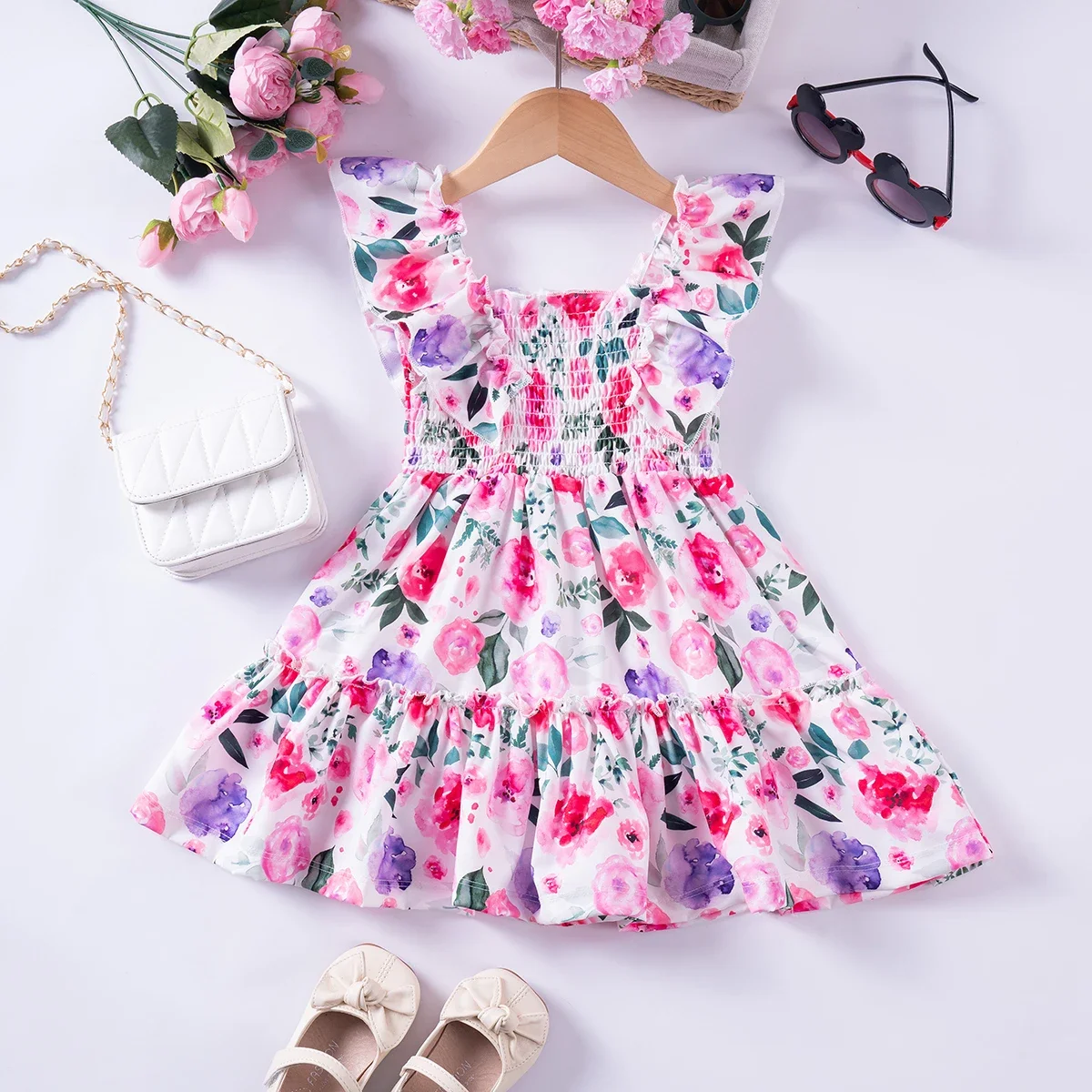 2024 Summer Girl Dress Fashion Versatile Square Collar Girl Princess Dress New Print Sweet and Cute Dress Wholesale