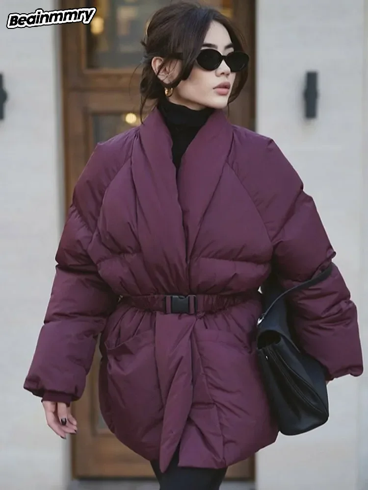 Chaqueta gruesa y cálida Borgoña para mujer, abrigos de invierno de alta calidad con cuello de pico a la moda, ropa de calle elegante para oficina