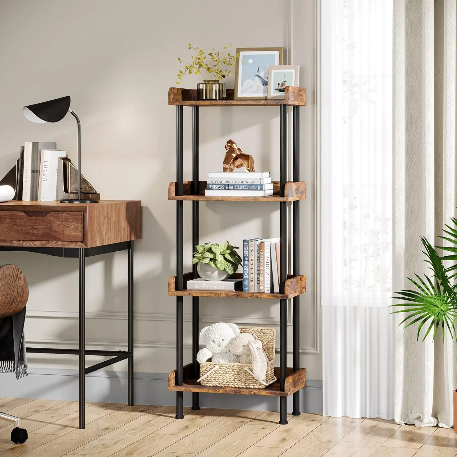 Bookcase 4 Tier Bookshelf, Vintage Small Bookshelf for Small Spaces, Wooden Book Shelf Small Bookcase for Living Room Bedroom