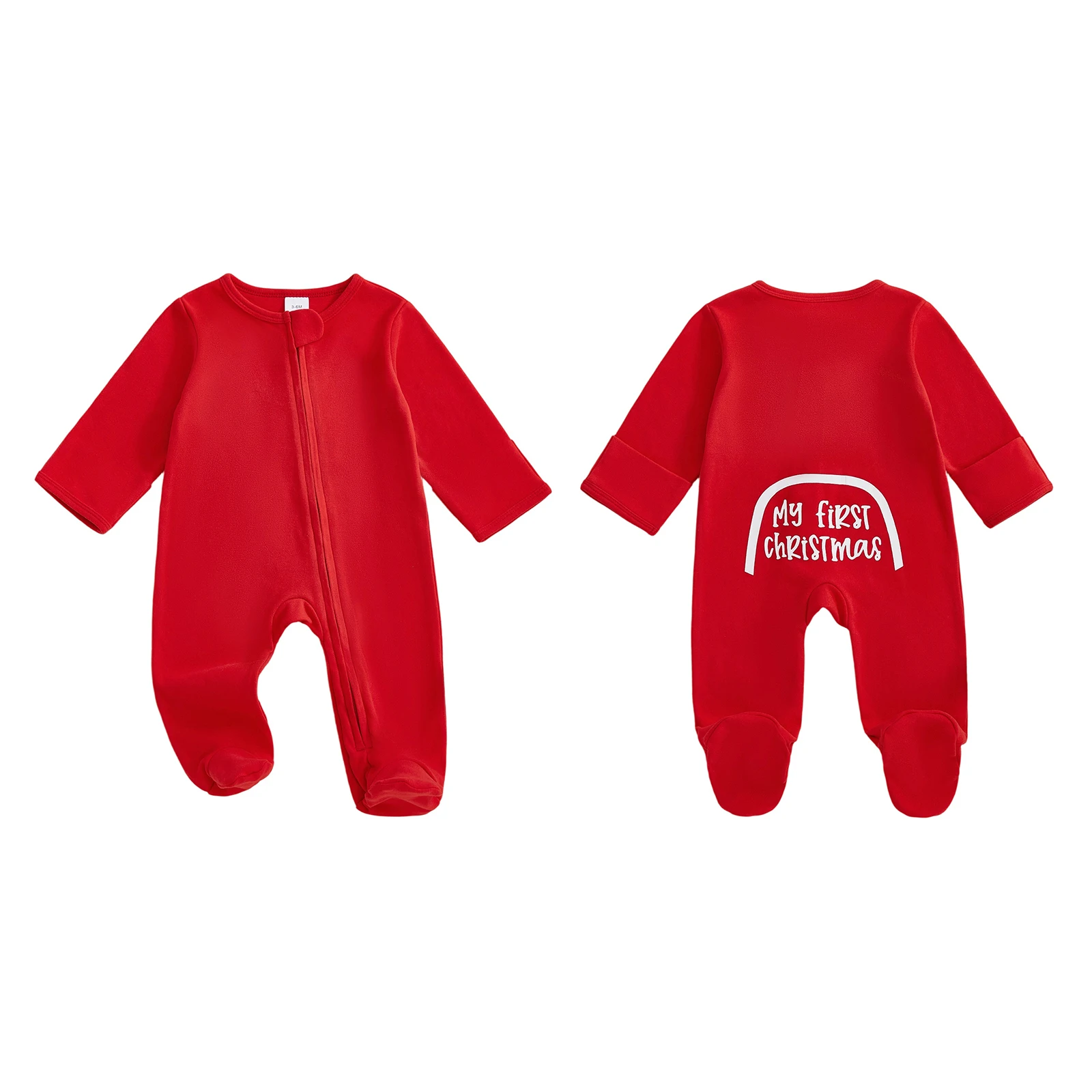 

Baby Christmas Footie Romper Loose Fit Zip Front Letter Embroidered Crew Neck Long Sleeve Infant Jumpsuit