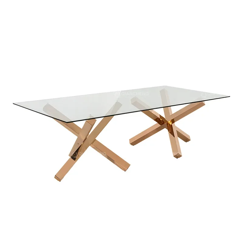 

Light luxury tempered glass home designer villa 240 long table modern stainless steel dining table living room dining table
