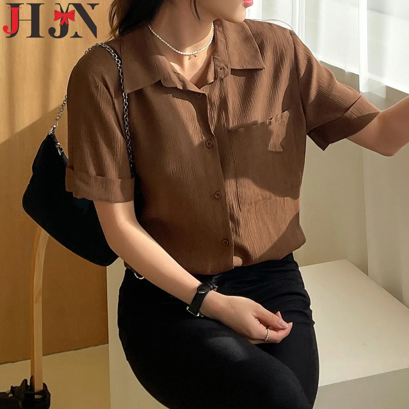 

Jhjn Women Shirt Brown Casual Breathable And Cool Shirts Short Sleeves Turn-Down Collar Tops Single-Breasted Blouse With Pocket