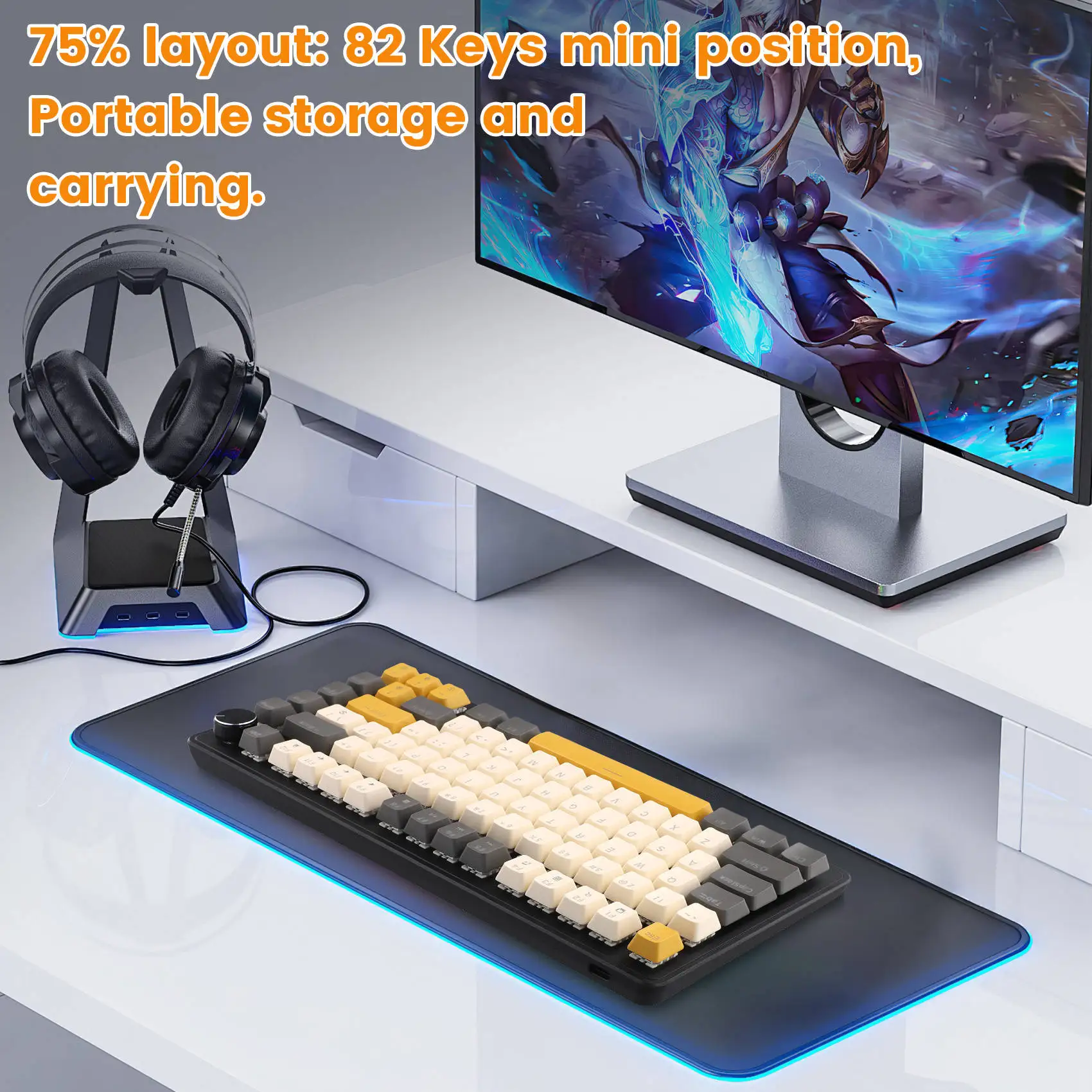 

New--K82 Gaming Keyboard With Media Knob, Hot-Swappable Mechanical Keyboard Wired, Glimmer Blue Switch Key Cable Separation