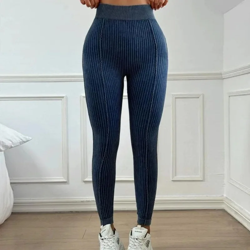 Women Seamless Gym High Waist Yoga Pants Hip Lifting Outdoor Sports Tight Solid Striped Fitness Pants Exercise Yoga Pants