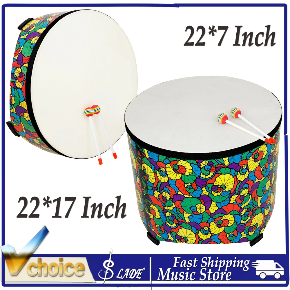 22 Inch Wooden Sheepskin Floor Drum Colorful Pattern Pro Percussion Instrument Early Music Education Rhythm Floor Drum Tools