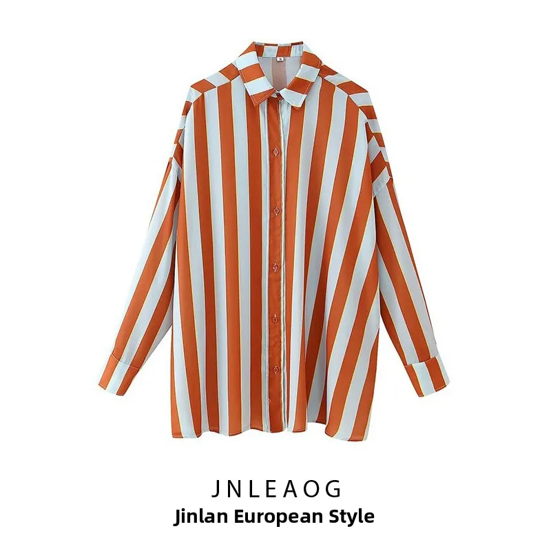 

JNLEAOG Spring New Women's Loose Striped Shirt Casual Style Polyester Fiber Long Sleeve Collar Regular Fit Fashionable