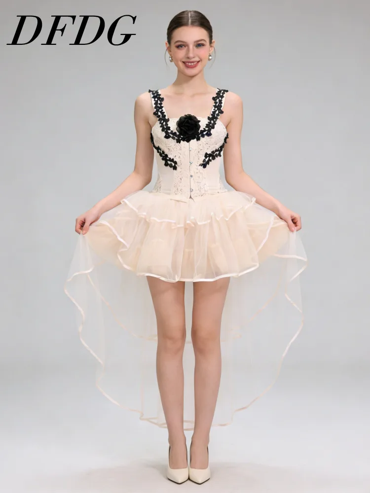 

Женский комплект DFDG: модный асимметричный мини-комплект из тюля с цветочным узором без бретелек для вечеринок, весна-лето 2026