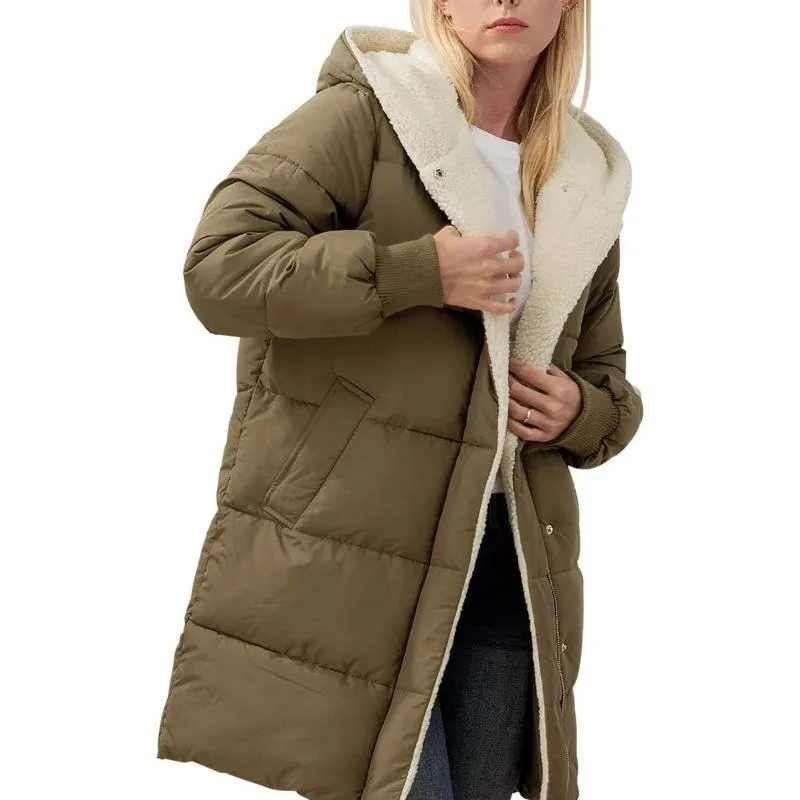 Women's Clothing Solid Warm Fleece Hooded Cotton Coat Long Sleeves Double-sided Velvet Slim Fit Elegant Cardigan Outerwear Top