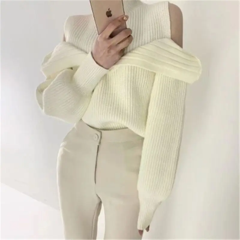 Sweater Hollow Shoulder Long Sleeve Knit Female Summer Fall Take Sweater New Render Unlined Upper Korea