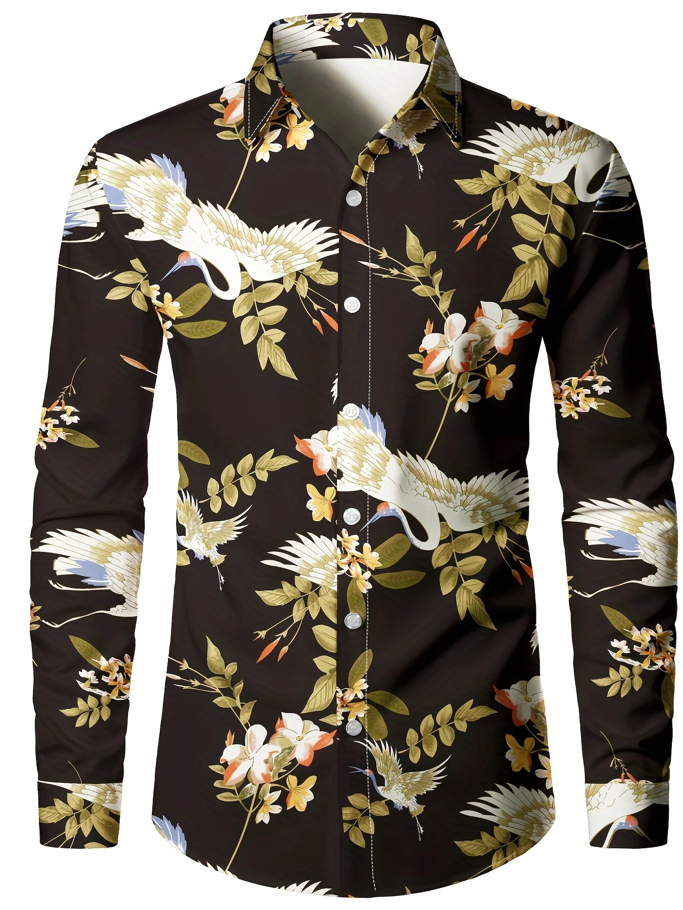 

Men's shirt tops Lapel Long sleeves Closure Regular fit Floral and crane print Men's casual shirt for everyday vacation