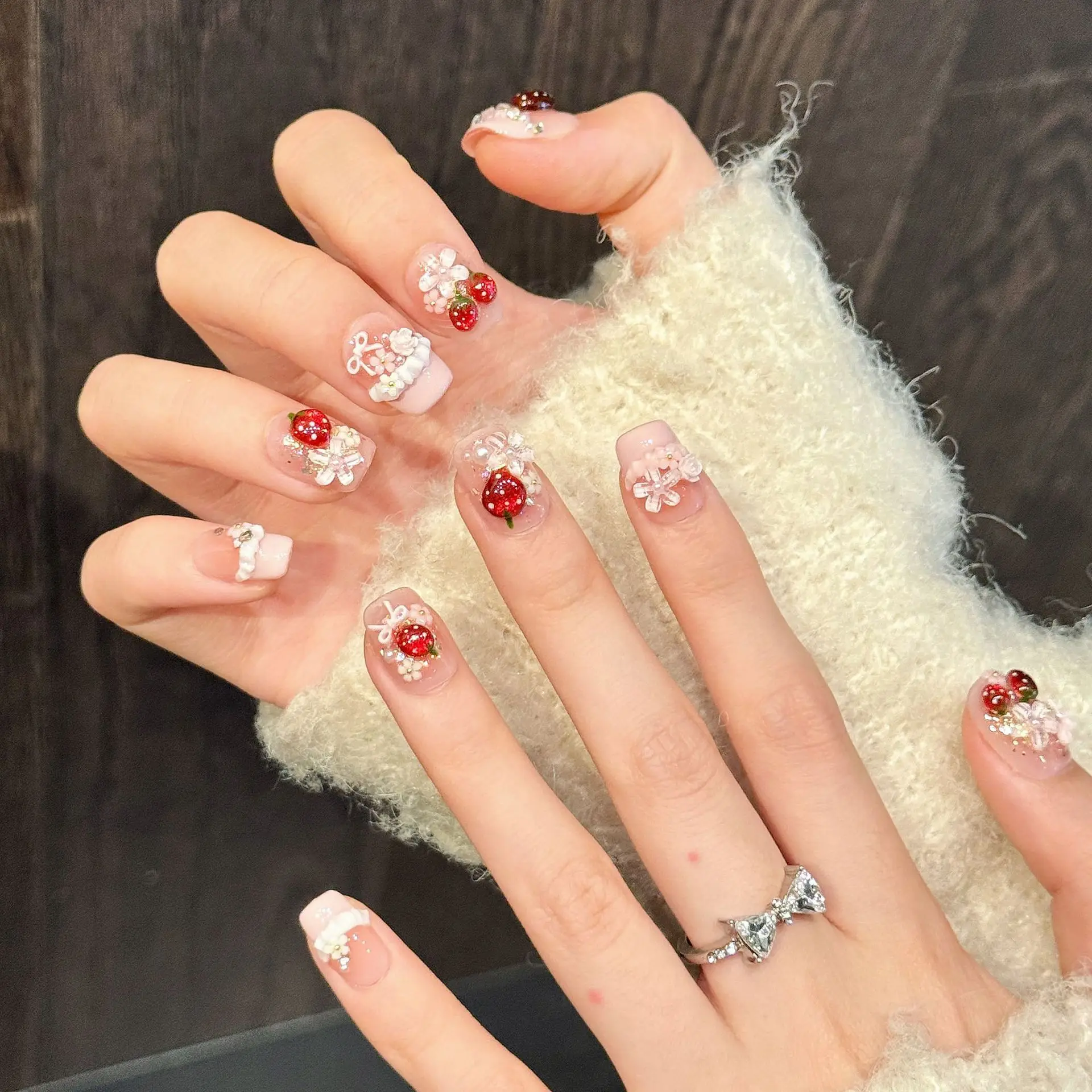 10pcs Cute Red Strawberry Press On Nails Pink Bowknots Flower Pearl Decor French Handmade Fake Nail Sweet Girl Square False Nail