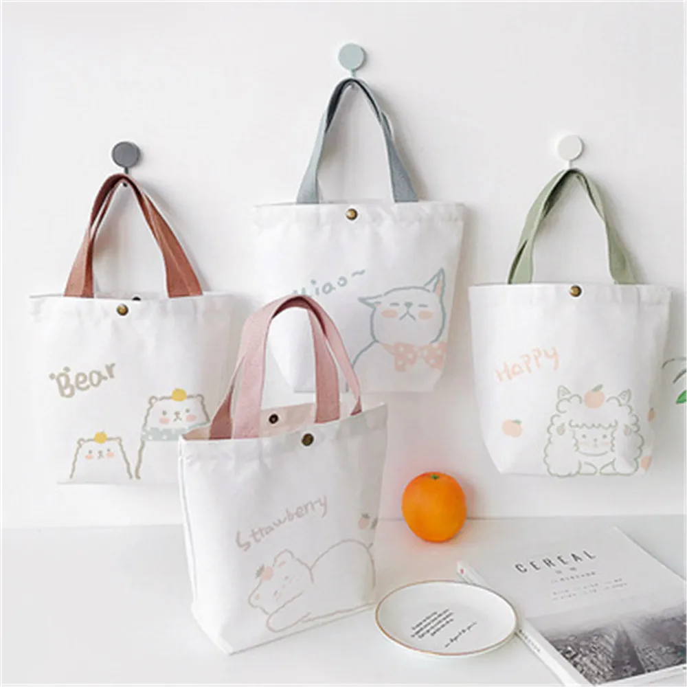 Women Mini Cotton Canvas Handbag Cute Bear Simple Tote Bags Bento Lunch Bag Casual Shopping Bag Small Shoulder Messenger Bag