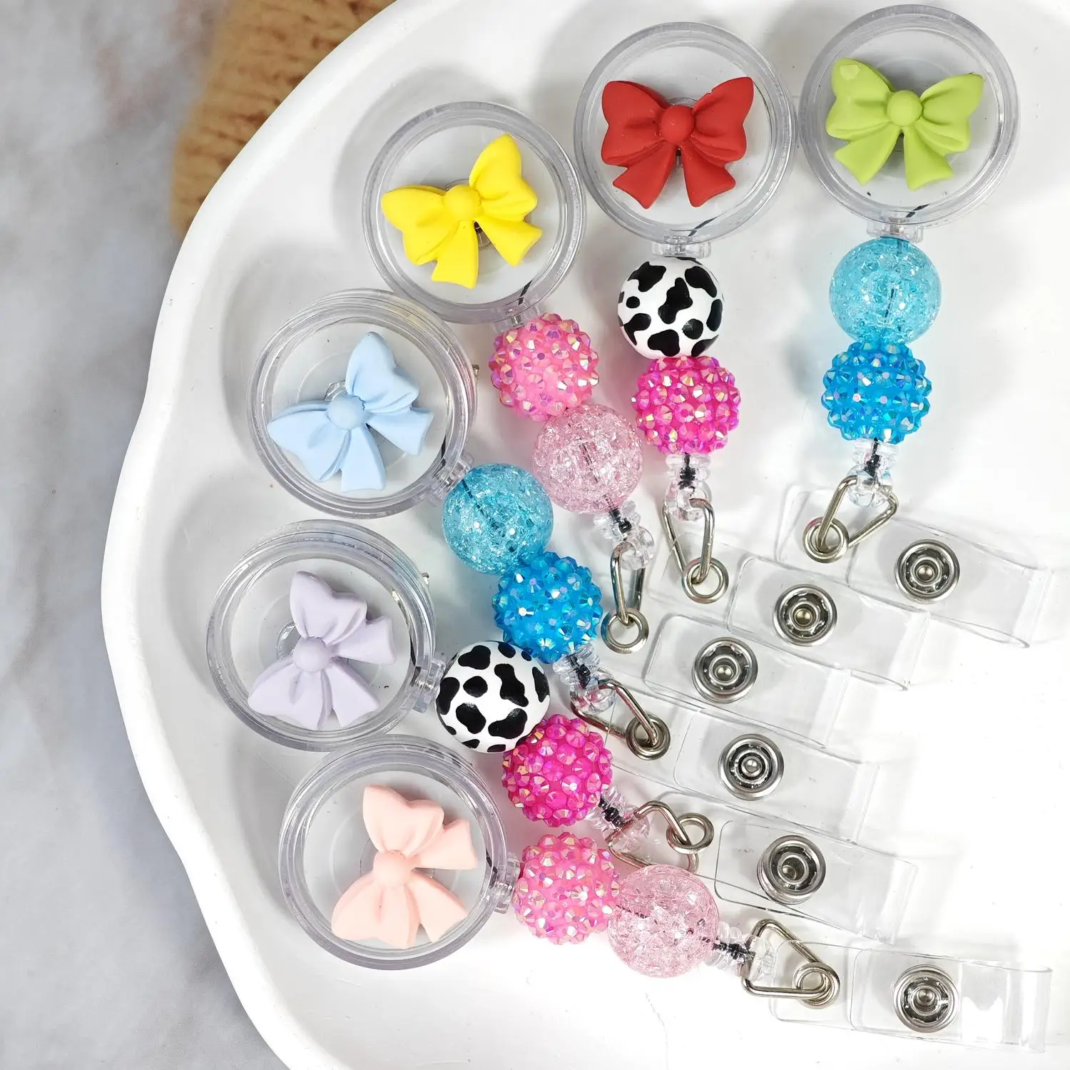 New Cute Bow Beaded Retractable Badge Reel with Lanyard for Nurse Work ID Card Holder Clip
