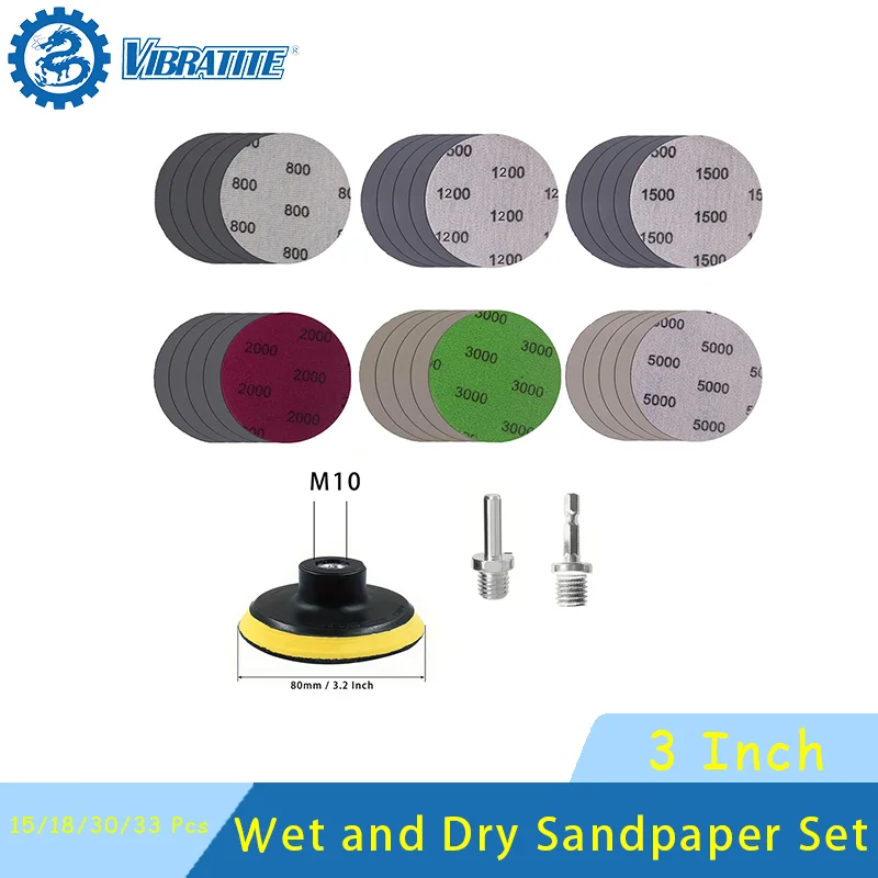 3-Zoll Nass-Trocken-Schleifpapier-Set 800-5000 Körnung mit Schleifpad M10 Adapter Autoaufbereitung Scheinwerfer-Restaurierungs-Kit 15-33 Teile für Autos