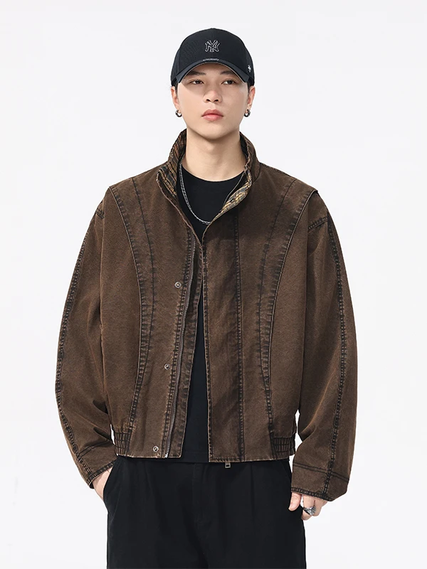 

American Retro Barn Sle ort Stand Collar Jaet Men's Loose Deconstructed Workwear Jaet Youth Casual Cotton Long Sve