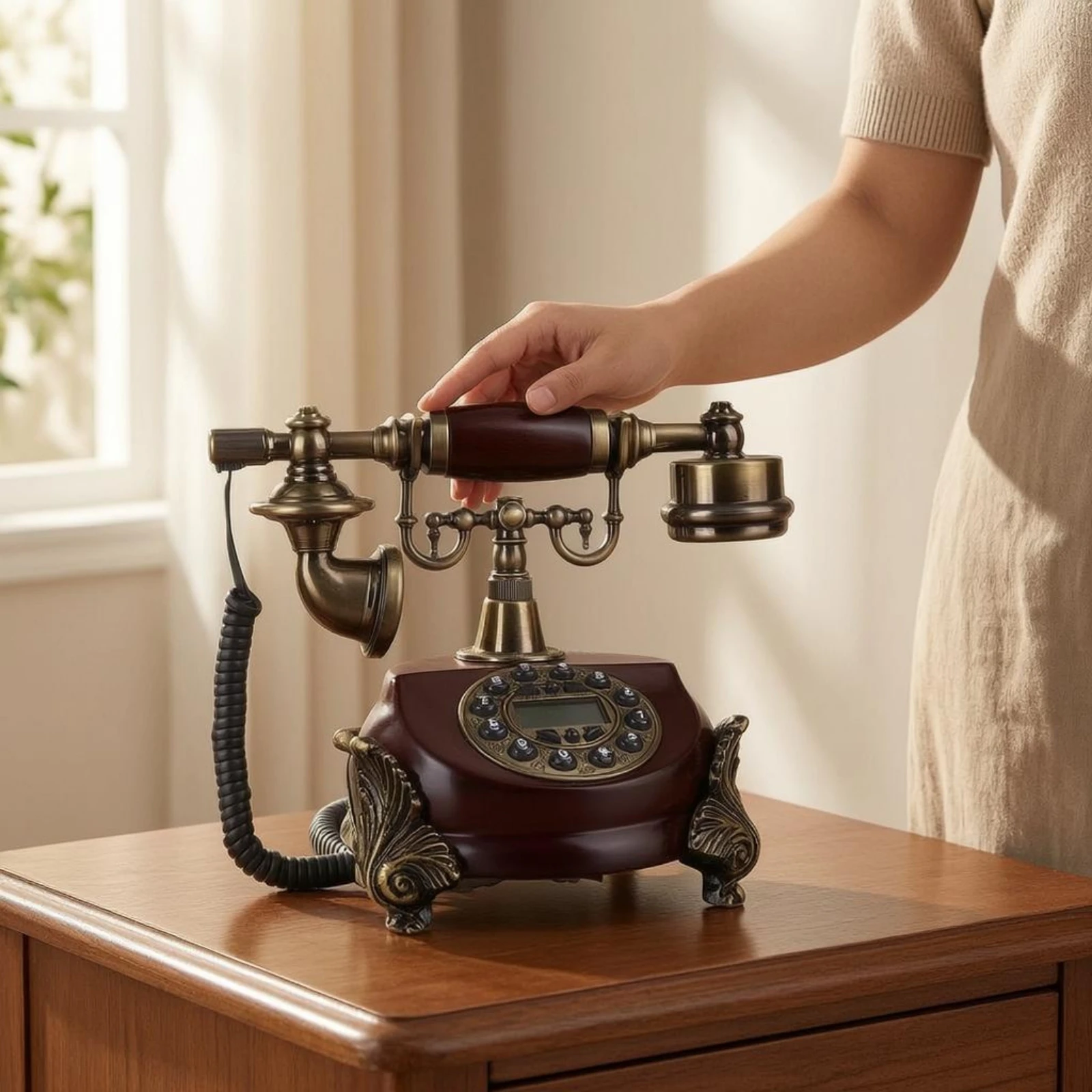 Antique-Style Corded Telephone Ornate Vintage Landline Telephone Decorative Push-Button Phone No Batteries Needed
